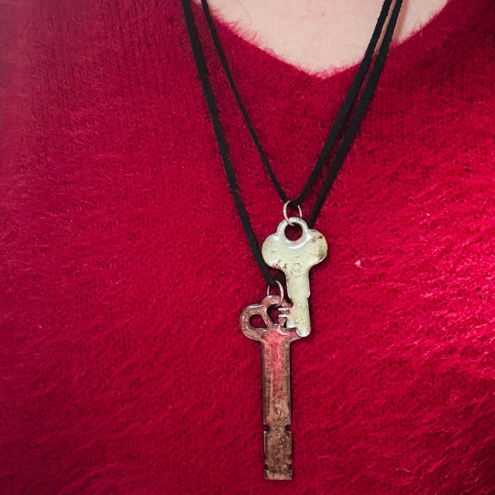 Unique Necklace- 2 Resin Coated Antique Keys on Double Leather Loop
